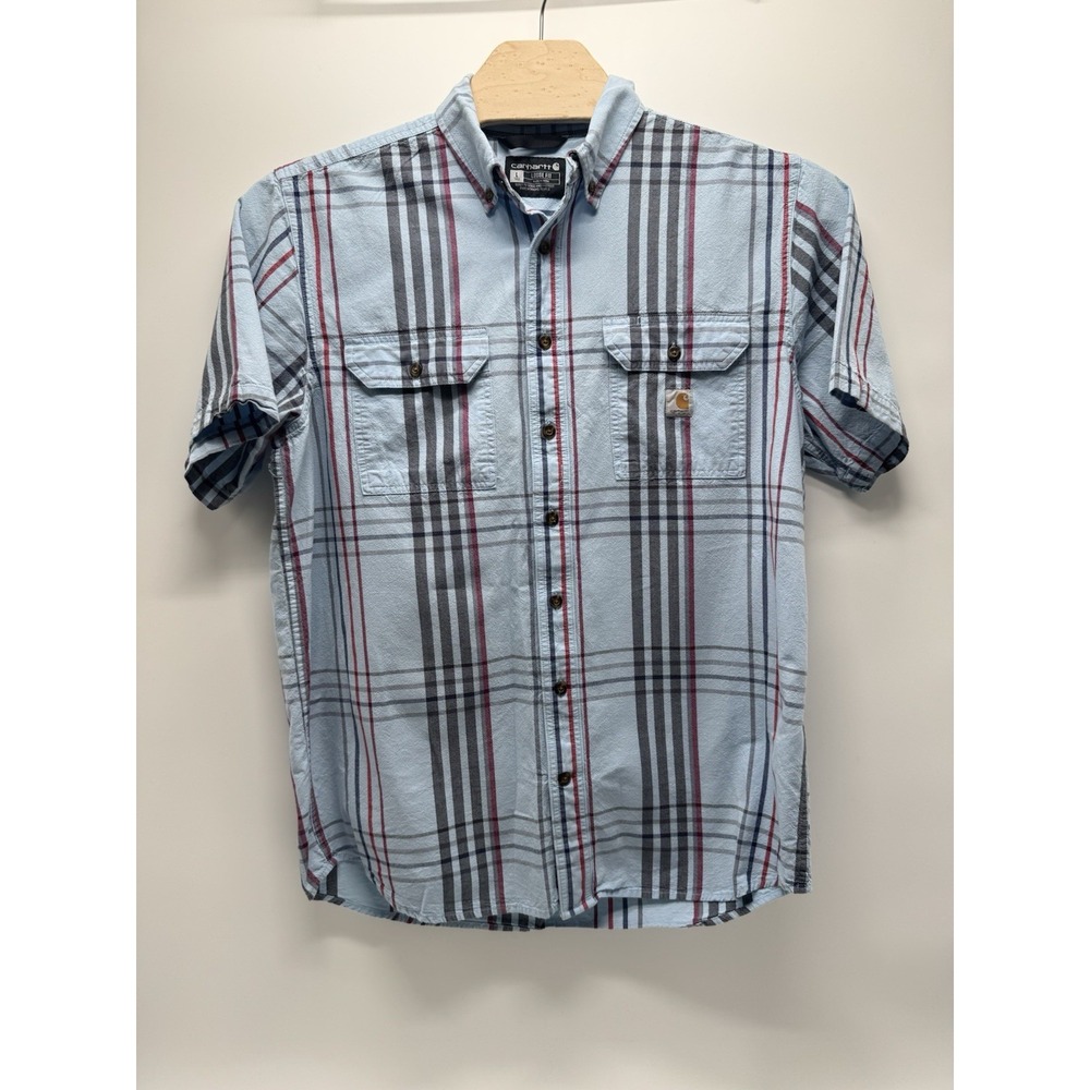 Carhartt Shirt Mens Large Multicolor Plaid Cotton Loose Fit Pleated Workwear